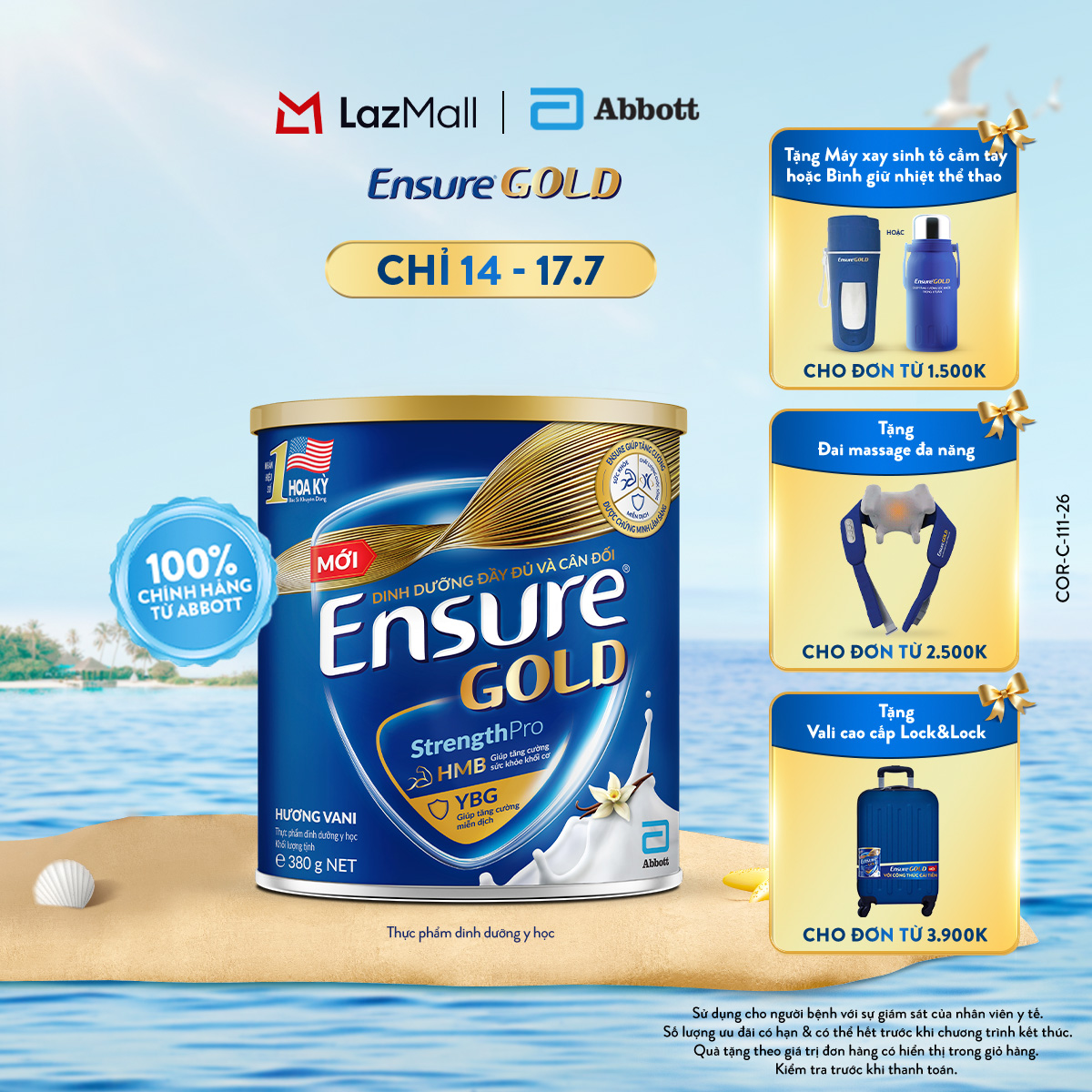 [CHỈ 14.7 - 17.7 QUÀ TẶNG CHO ĐH 1500K/2500K-SLCH] Lon sữa bột Ensure Gold hương Vani 380g