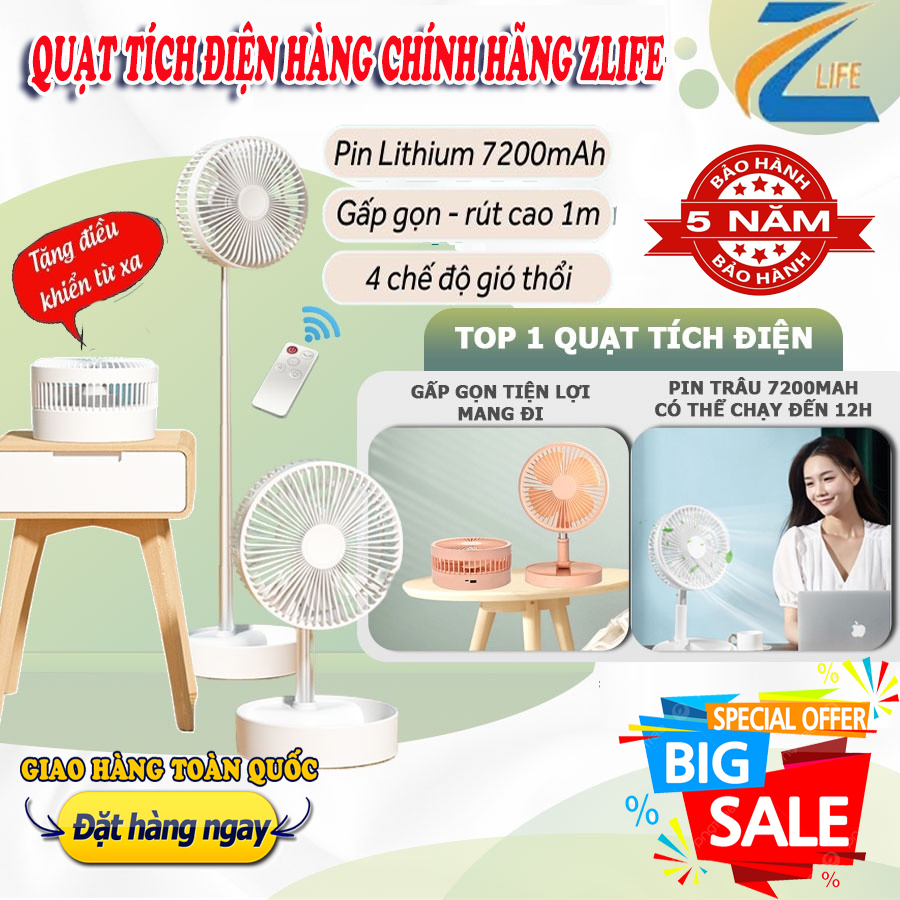 Quạt tich điện sạc pin chính hãng zlife, quat tich dien xài hơn 8 tiếng, foldable fan pin 7200mah gấp gọn tiện lợi kéo dài 1 mét kèm điều khiển từ xa
