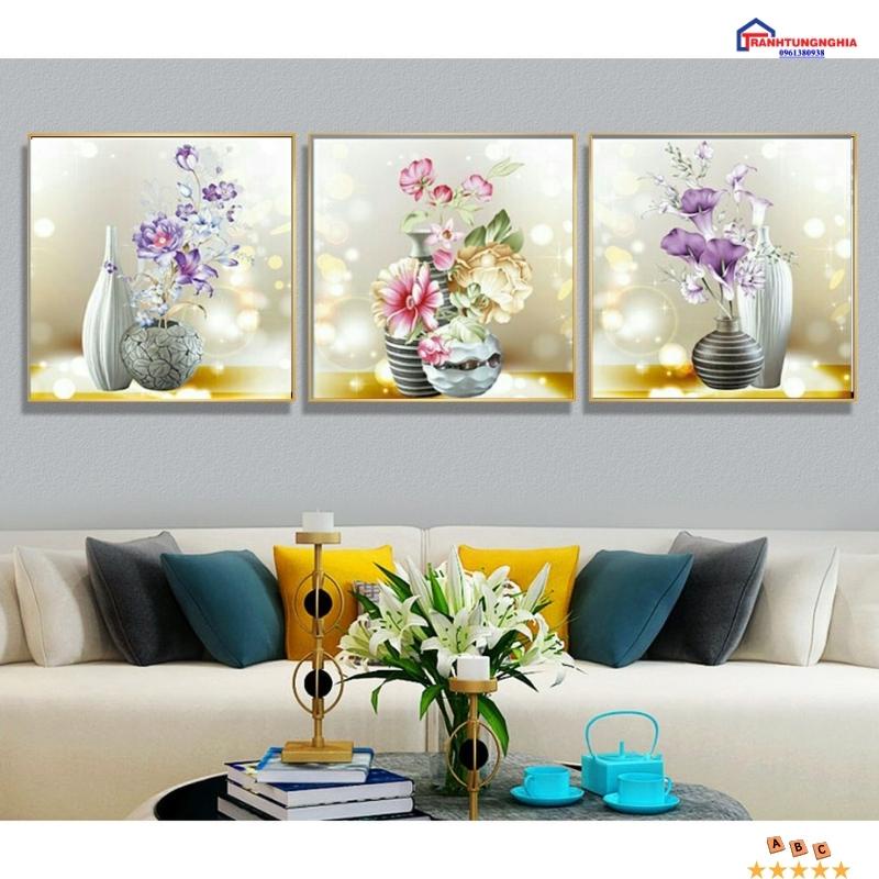 Tranh đính đá, tranh thêu chữ thập bình hoa bộ 3 bức