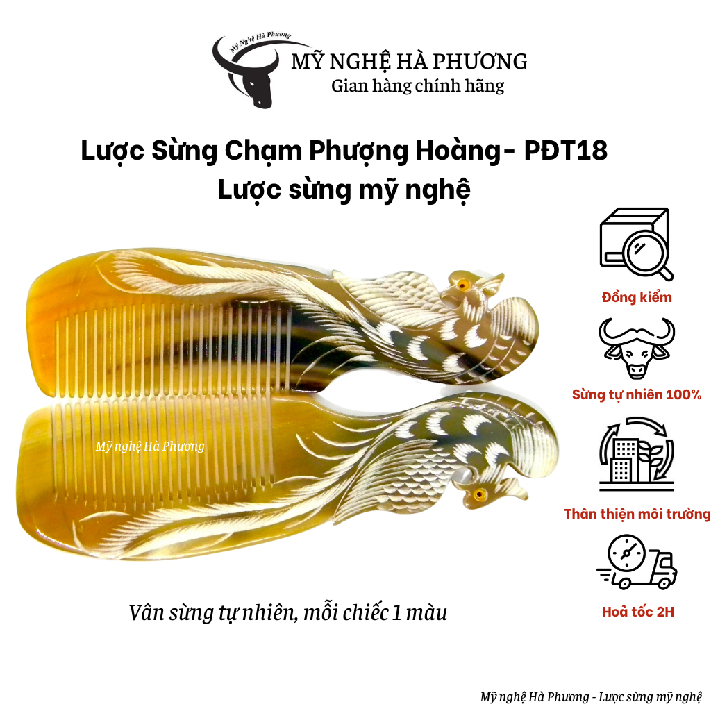 Lược sừng Phượng Hoàng chạm 2 mặt đẹp (size: M-18cm), món quà Thủ công mỹ nghệ ý nghĩa