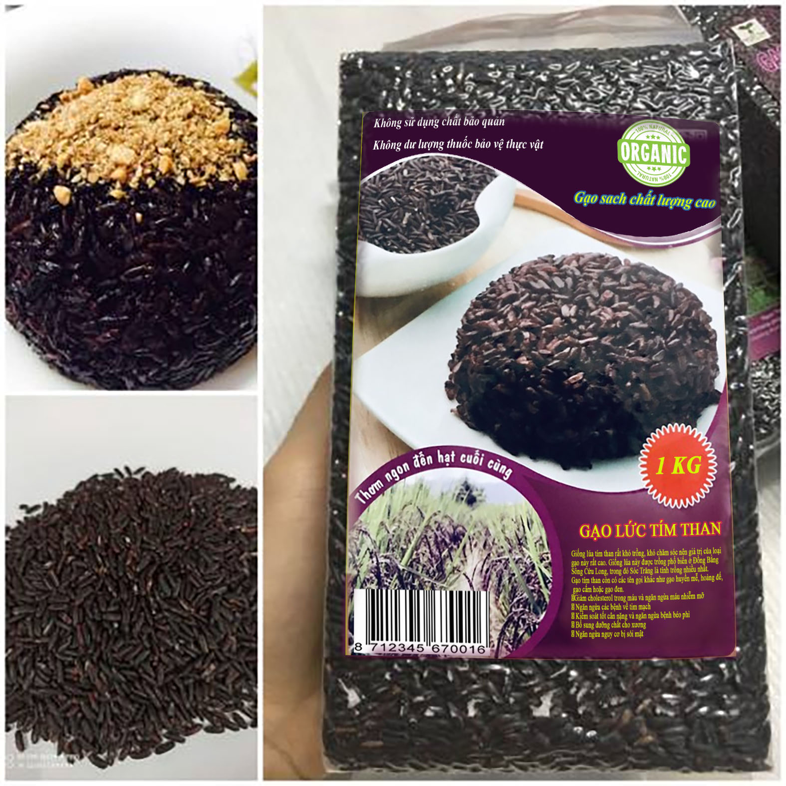 Gạo Lứt Tím Than hữu cơ loại 1 túi 1kg-Tốt cho người ăn kiêng tiểu đường