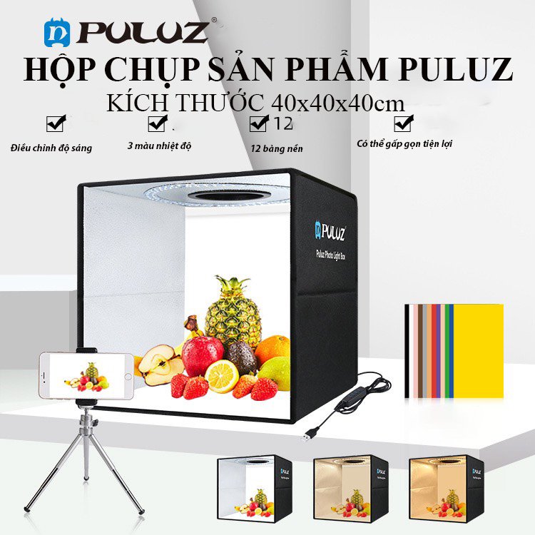 HỘP CHỤP ẢNH SẢN PHẨM PULUZ SZ 40*40 MÀU ĐEN CÓ ĐÈN LED GẤP GỌN - TẶNG KÈM 12 PHÔNG NỀN