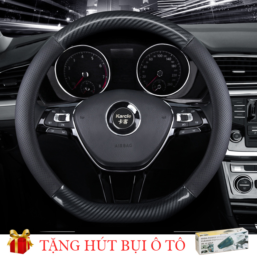 Bọc Vô Lăng D-CUT thể thao DA BÒ THẬT 100% Kết hợp vân CARBON thoáng khí chống bám mồ hôi - cho ô tô 4-7 chỗ+ Tặng kèm máy hút bụi ô tô cầm tay