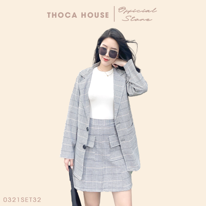 Set vest khoác blazer và chân váy ngắn 2 túi nấp caro xám nâu THOCA HOUSE công sở, sự kiện thanh lịch