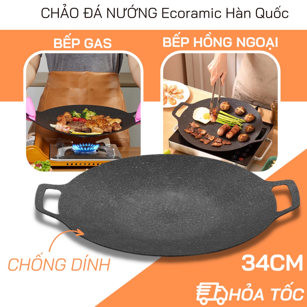 Chảo Đá Nướng Chống Dính Không Cần Dầu Ecoramic Hàn Quốc,Size 34cm, Chảo Đa Năng Chiên, Sào, Gián, Nướng BBQ