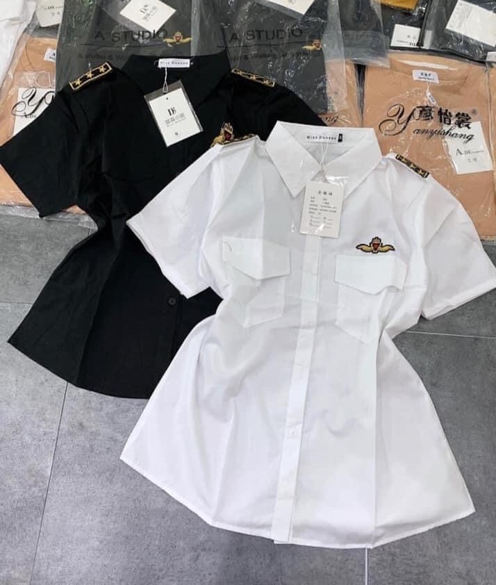 ÁO SƠ MI NỮ CỌC TAY, ÁO SƠ MI CỔ BẺ THÊU LOGO, ÁO SƠ MI NGẮN 2 TÚI SM9