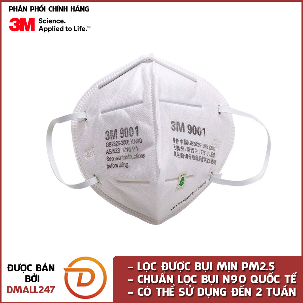 Khẩu trang chống bụi và kháng khuẩn đạt chuẩn KN90 3M 9001A - Dmall247, chính hãng bảo vệ sức khỏe, xuất được hóa đơn VAT