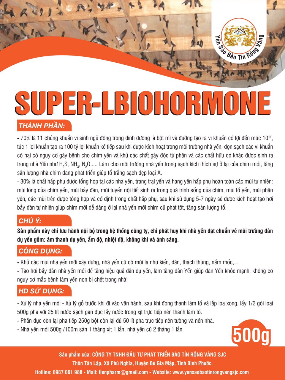 Hóa chất tăng đàn nhà yến SUPER-LBIOHORMONE , hóa chất chuyên dụng nhập khẩu dùng để xử lý trong nhà yến bị ô nhiễm chất độc hữa cơ , cung cấp lượng mùi bầy đàn đã được tích hợp 2 in 1, giúp tăng đàn, giúp chim mới ở lại
