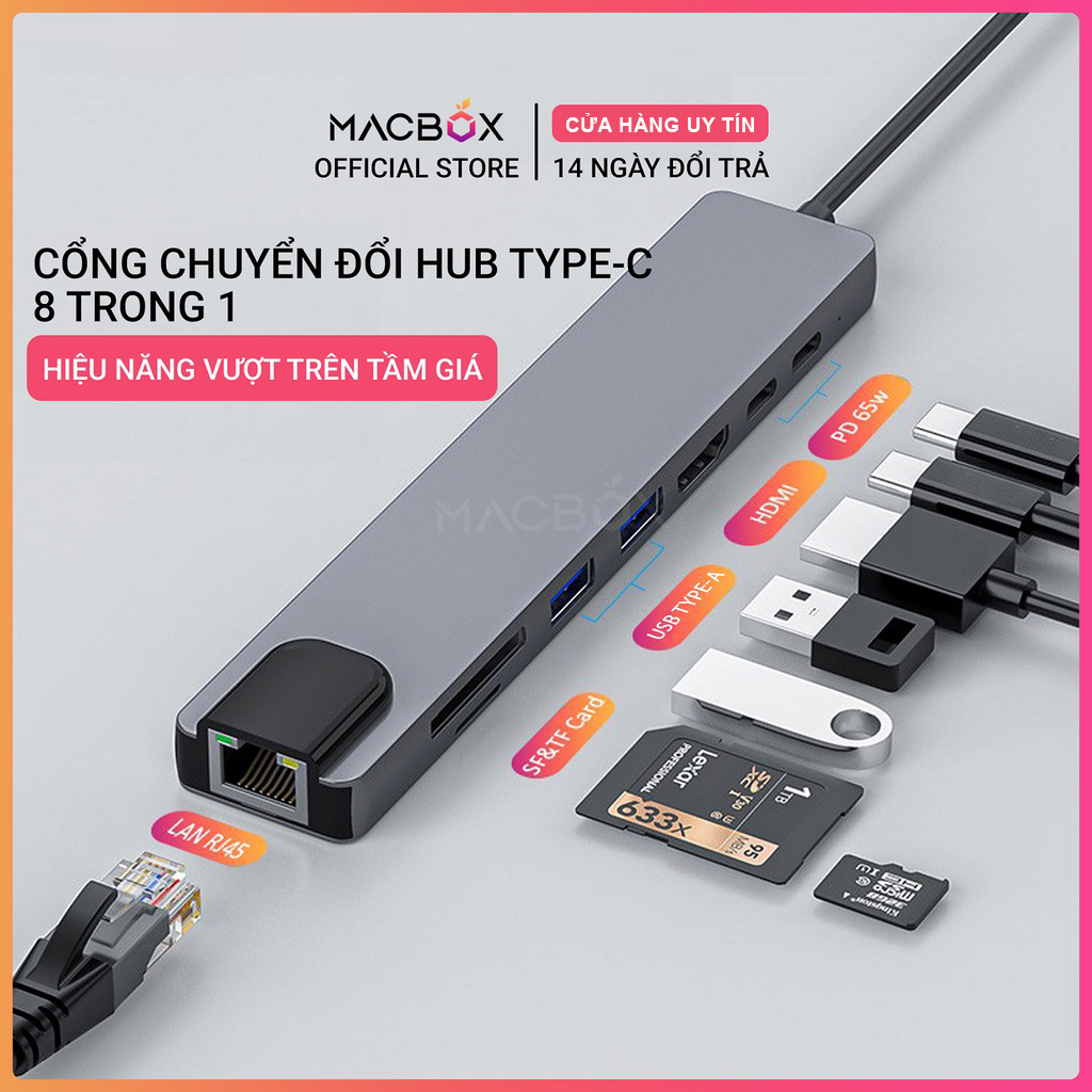 Hub type c và hub usb 3.0, bộ chia cổng chuyển đổi to hdmi,usb 3.0,sd,tf,rj45,pd type c cho laptop macbook