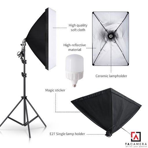 Bộ tản sáng gồm softbox 50x70cm + chân đèn 2,4m + bóng led
