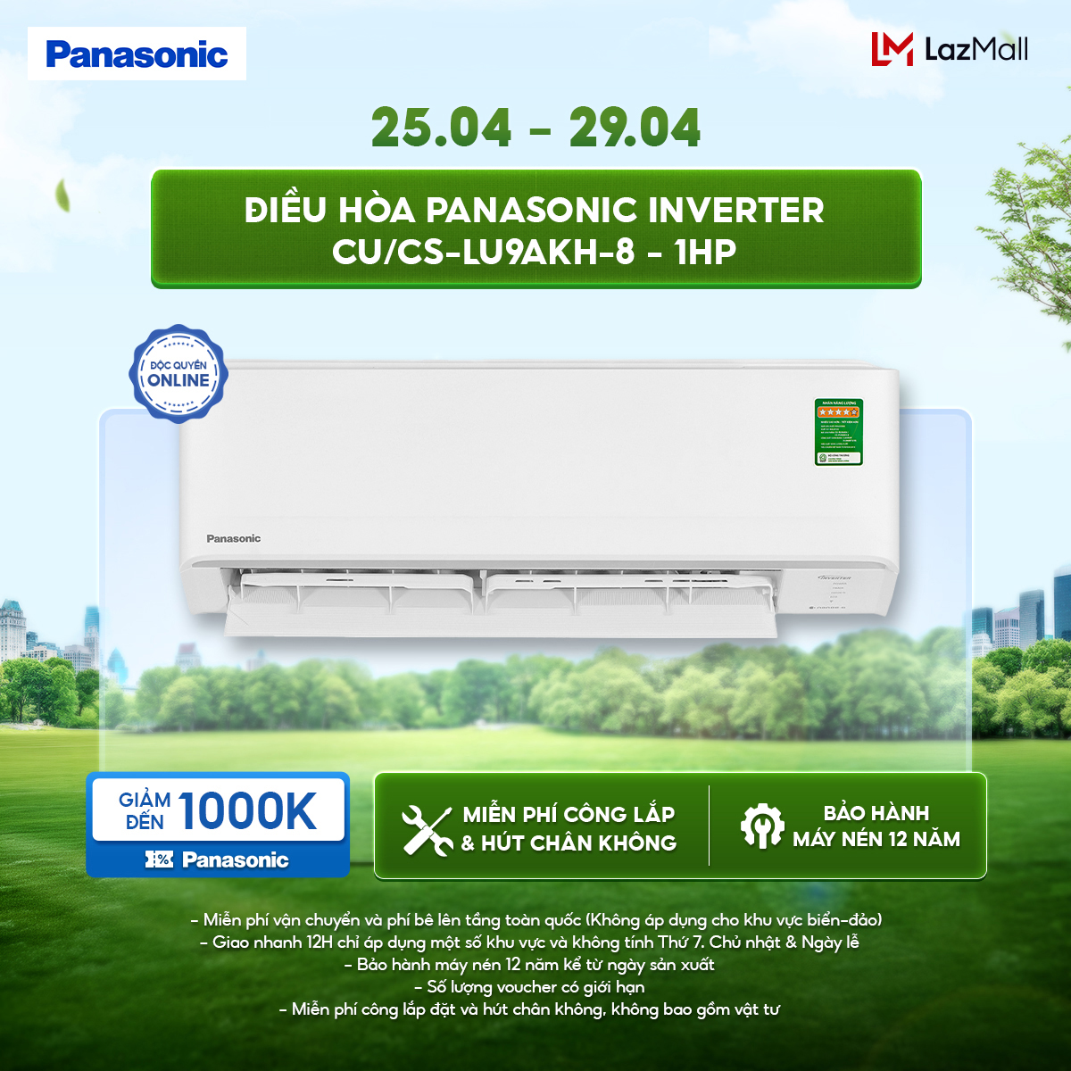 Máy lạnh/ Điều hòa Panasonic Inverter CU/CS-LU9AKH-8 - 1HP - Một chiều - Eco AI - Lọc sạch không khí NanoeX - Wifi