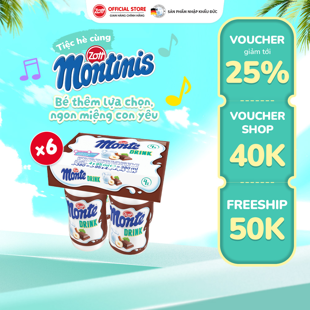 Giao Hoa Toc - Combo of 6 Packs of Zott Monte Drink Milk Cream with Imported Chocolate Flavor (Pack - 95ml X 4 Bottles)