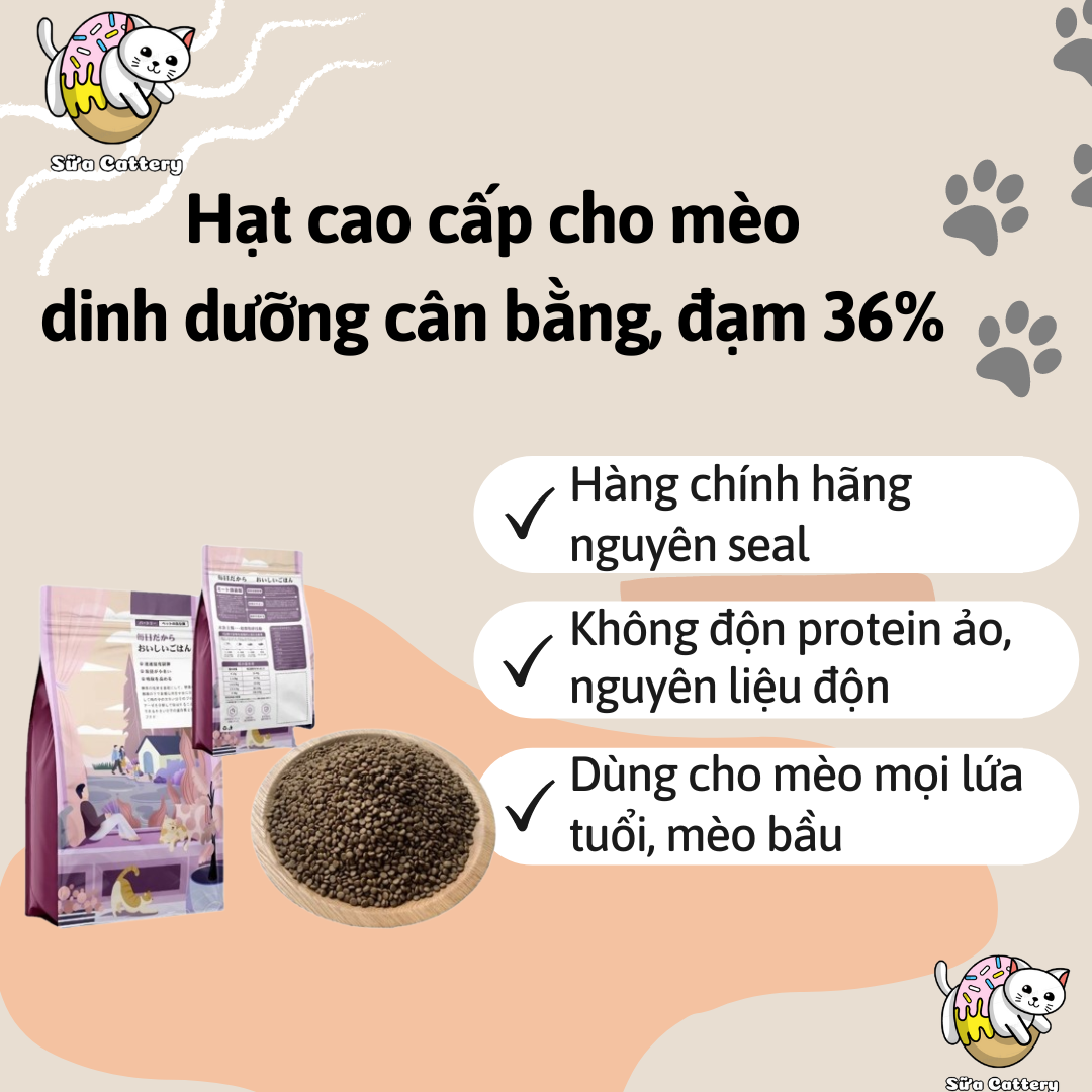 Hạt cho mèo 36% Protein + Hạt khô nhỏ phù hợp với mọi lứa tuổi, túi 1kg