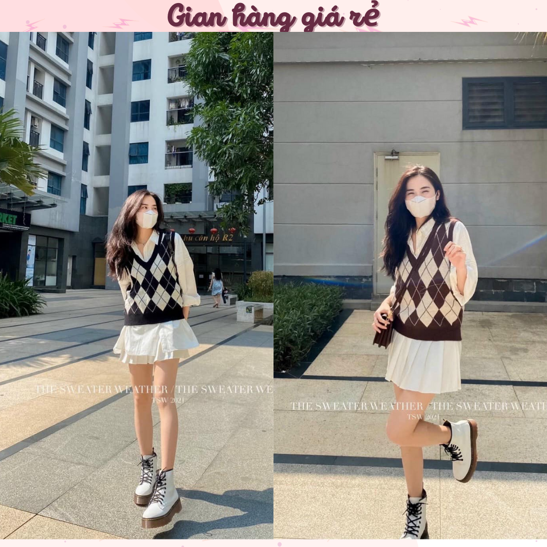 [Ảnh thật] Áo Gile nữ Len Ulzzang Cổ V Kẻ Ô Quả Trám Phong Cách Hàn Quốc Áo gile len trám dày dặn 2 màu (nâu đỏ, đen)