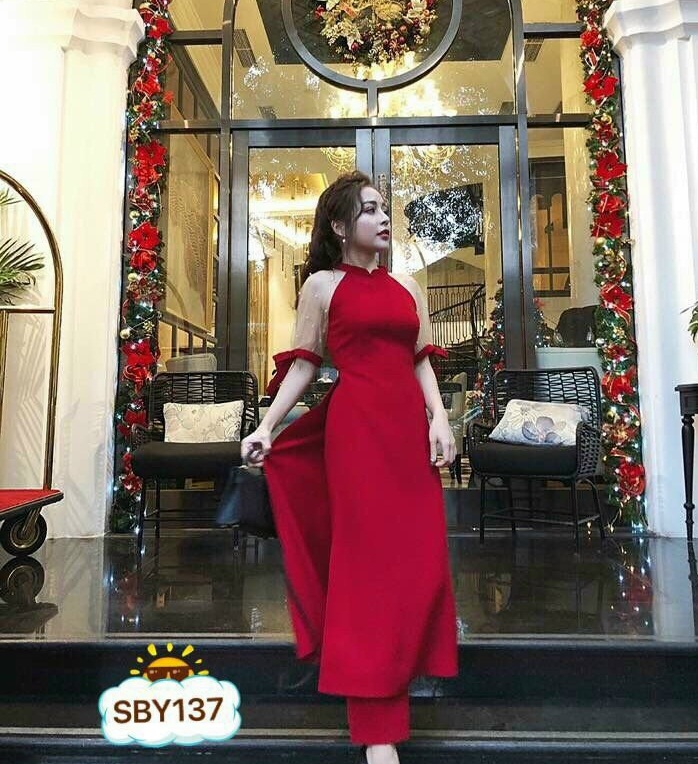 Áo Dài Cách Tân, Áo Dài Mặc Tết Màu Đỏ Tay Phối Lưới Đính Cườm, Kèm Quần (màu đỏ)