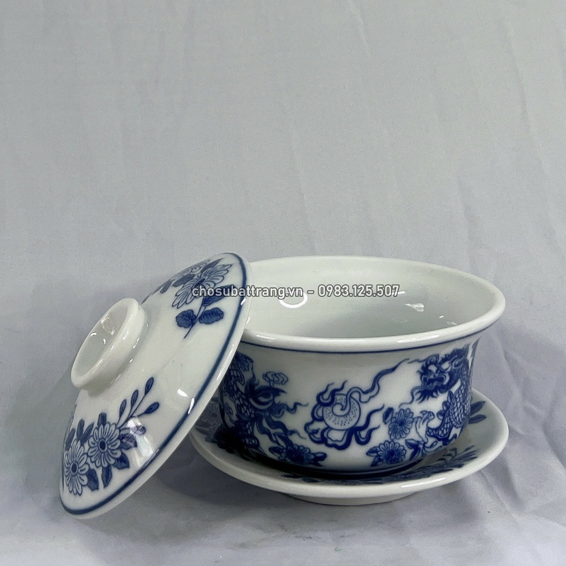 Bát đựng trà sâm trên bàn thờ - chung đựng nước thờ (sen /long phụng) xanh lam - ,đồ thờ cúng