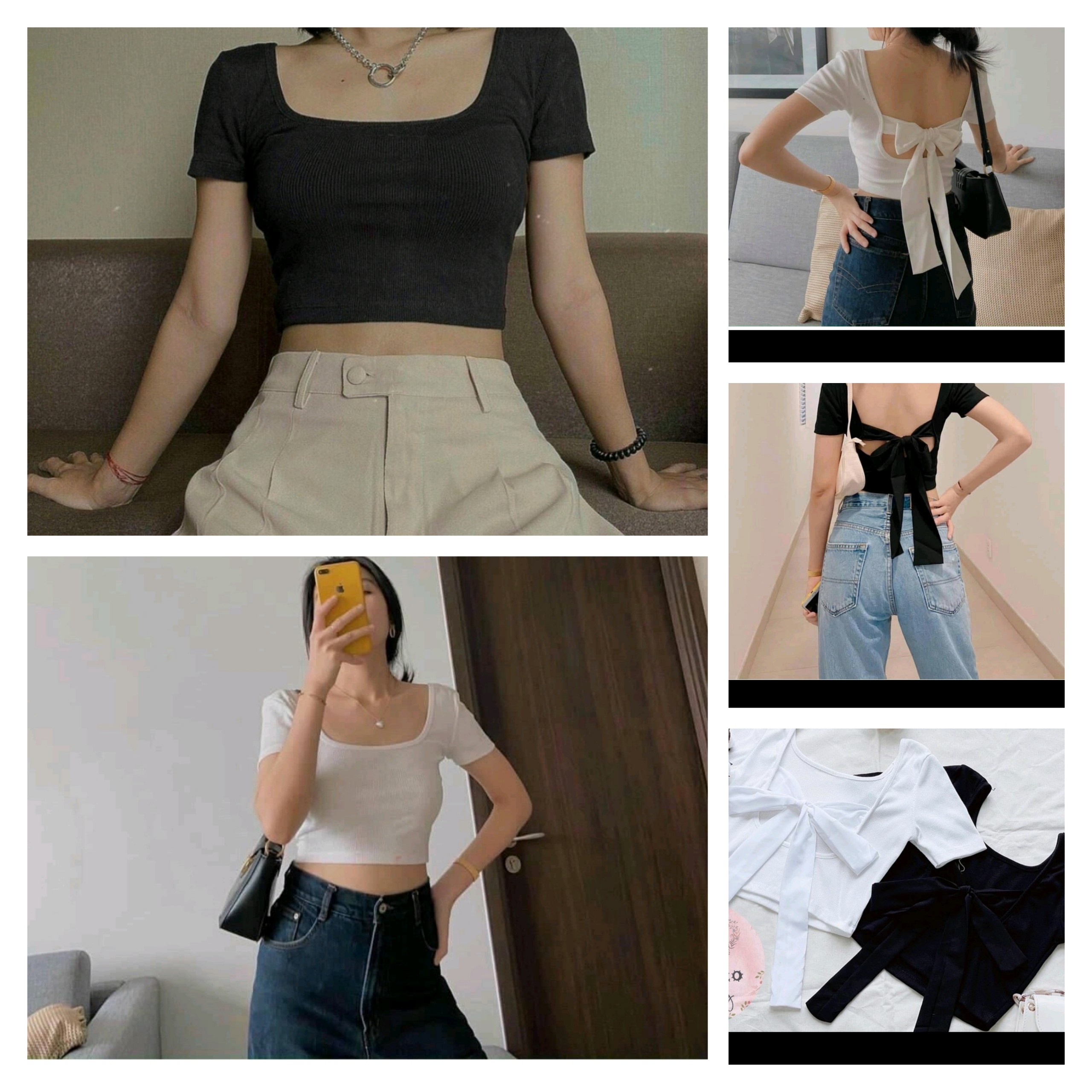 [ Chuyên sỉ ] Áo thun nữ cổ vuông cột nơ 100% Cotton ôm body tay ngắn kiểu Croptop, áo phông nữ cổ vuông tay ngắn dáng ôm