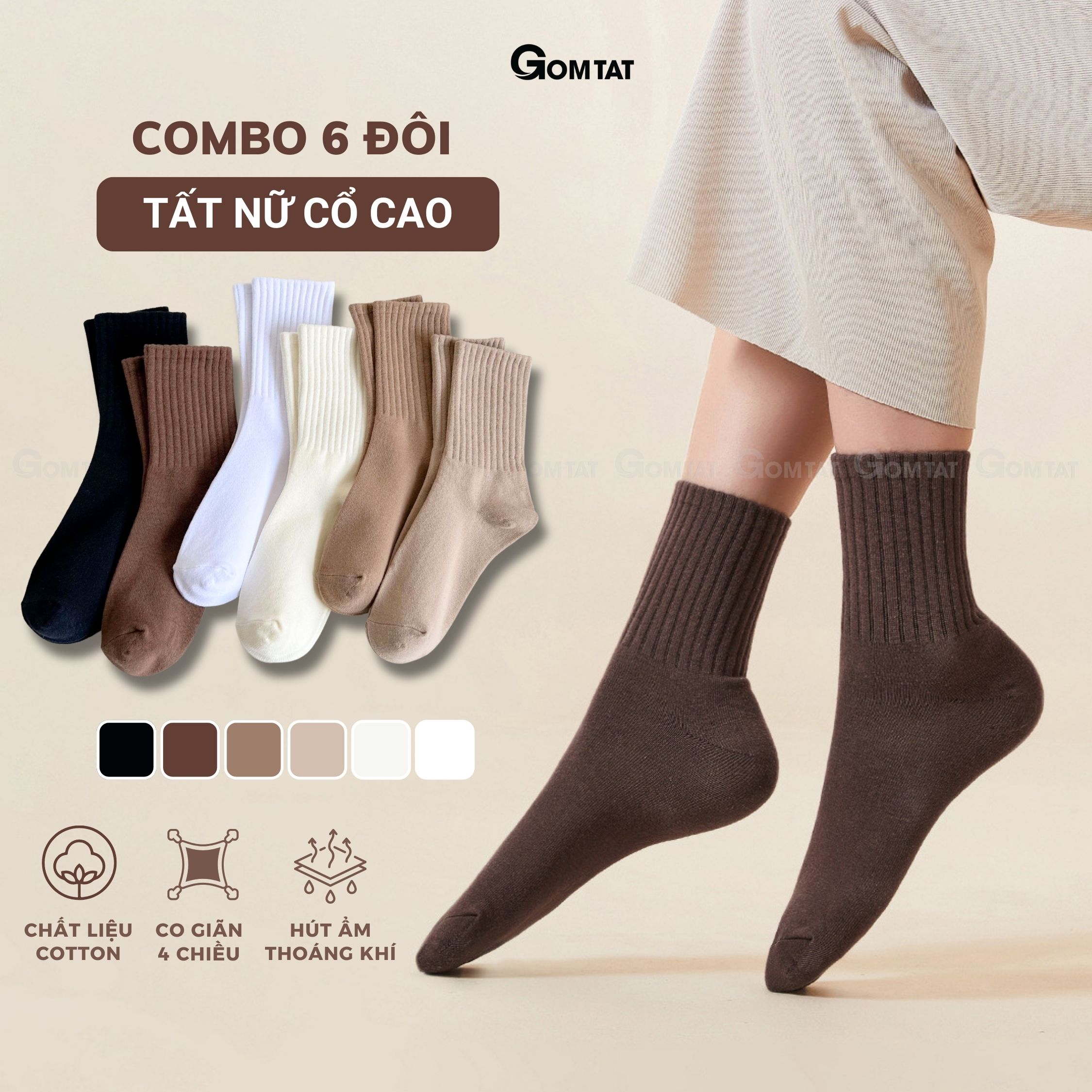  Combo 6 đôi vớ nữ cổ cao GOMTAT cổ sọc gân tất chân nữ chất liệu vải dày dặn êm ái khử khuẩn thoáng khí - OAS-1701-CB6 