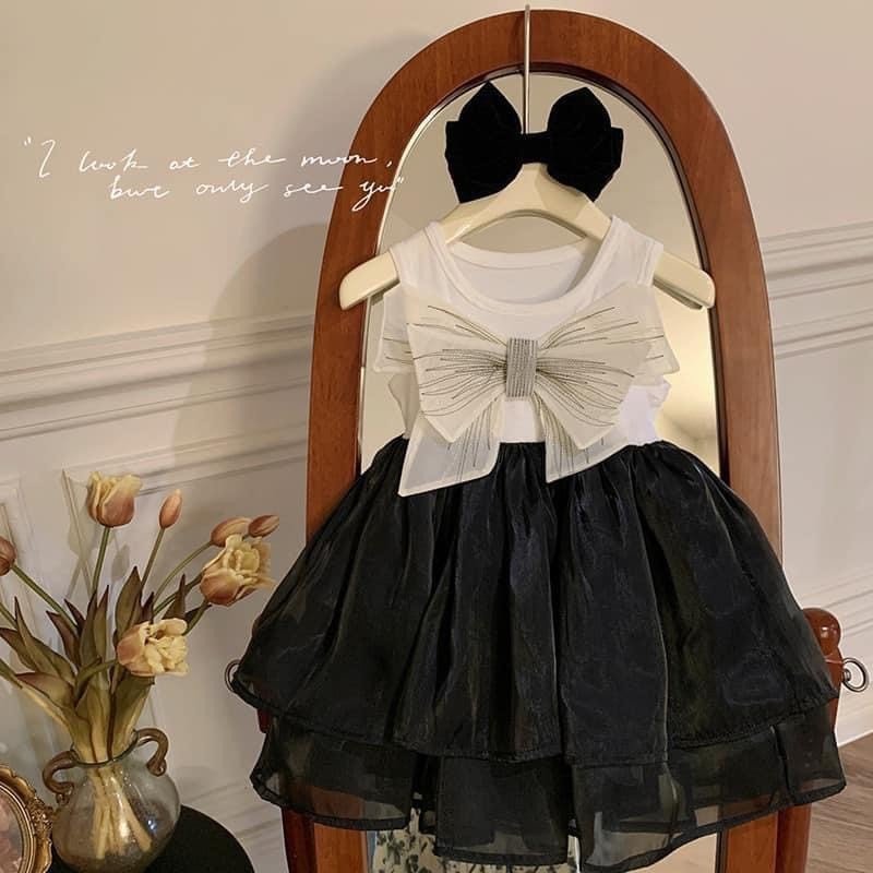 Set váy tơ áo sát nách phối nơ cho bé gái siêu xinh