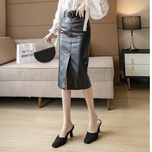 Chân váy da bút chì xẻ trước hàng khuy _ Hàng Quảng Châu L1