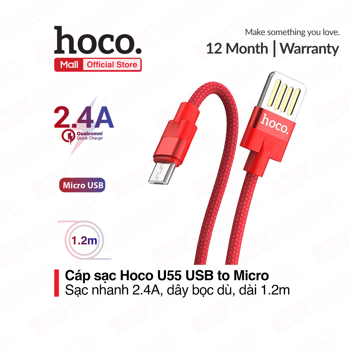 Cáp sạc nhanh và truyền dữ liệu Lightning Hoco U55 sạc nhanh 2.4A MAX dây sạc bọc dù chống rối chống đứt dành cho iPhone XS max iPhone 11 iPhone 11 Pro max dài 120cm