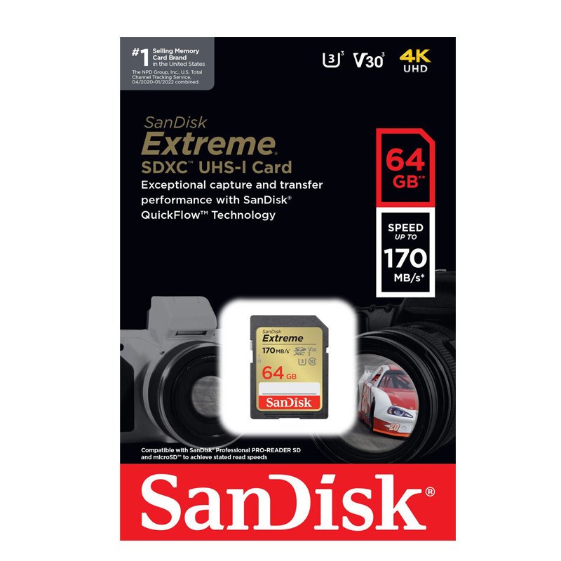 SanDisk Extreme 64GB V30 UHS-I U3 4K 170 MB/s camera memory card (gold) 1986 accessories