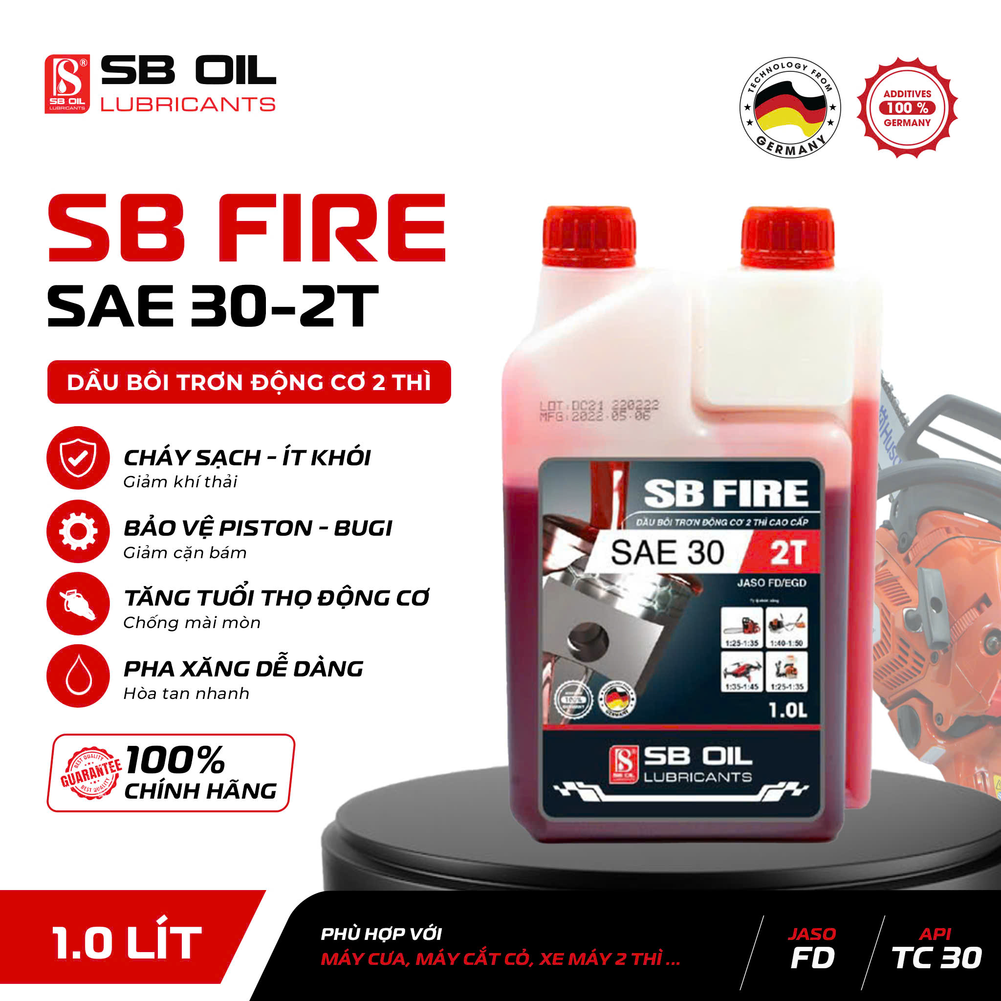 Lubricant Oil for Chainsaws, Lawn Mowers, and Sprayers Sb Oil 2-Stroke Oil Sb Fire Sae 30 Jaso Fd/Egd Red (1L), Suitable for 2-Stroke Motorbikes Giá 160,000 Đồng*Miễn phí vận chuyển