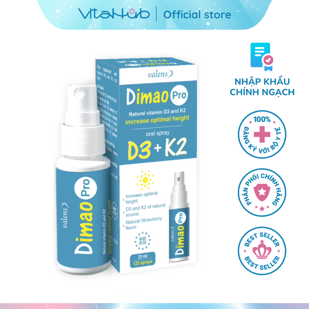 Bổ sung d3 và k2 dạng xịt dimao pro oral spray d3 + k2 hỗ trợ tăng chiều cao 25ml