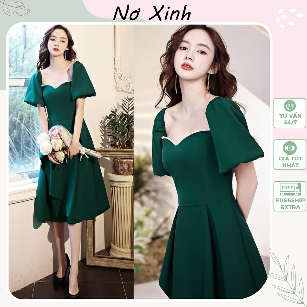 Váy dự tiệc tay phồng viền ren 2 tầng cao cấp, đầm xòe dự tiệc du lịch dáng dài size m-l-xl-xxl nơ xinh store