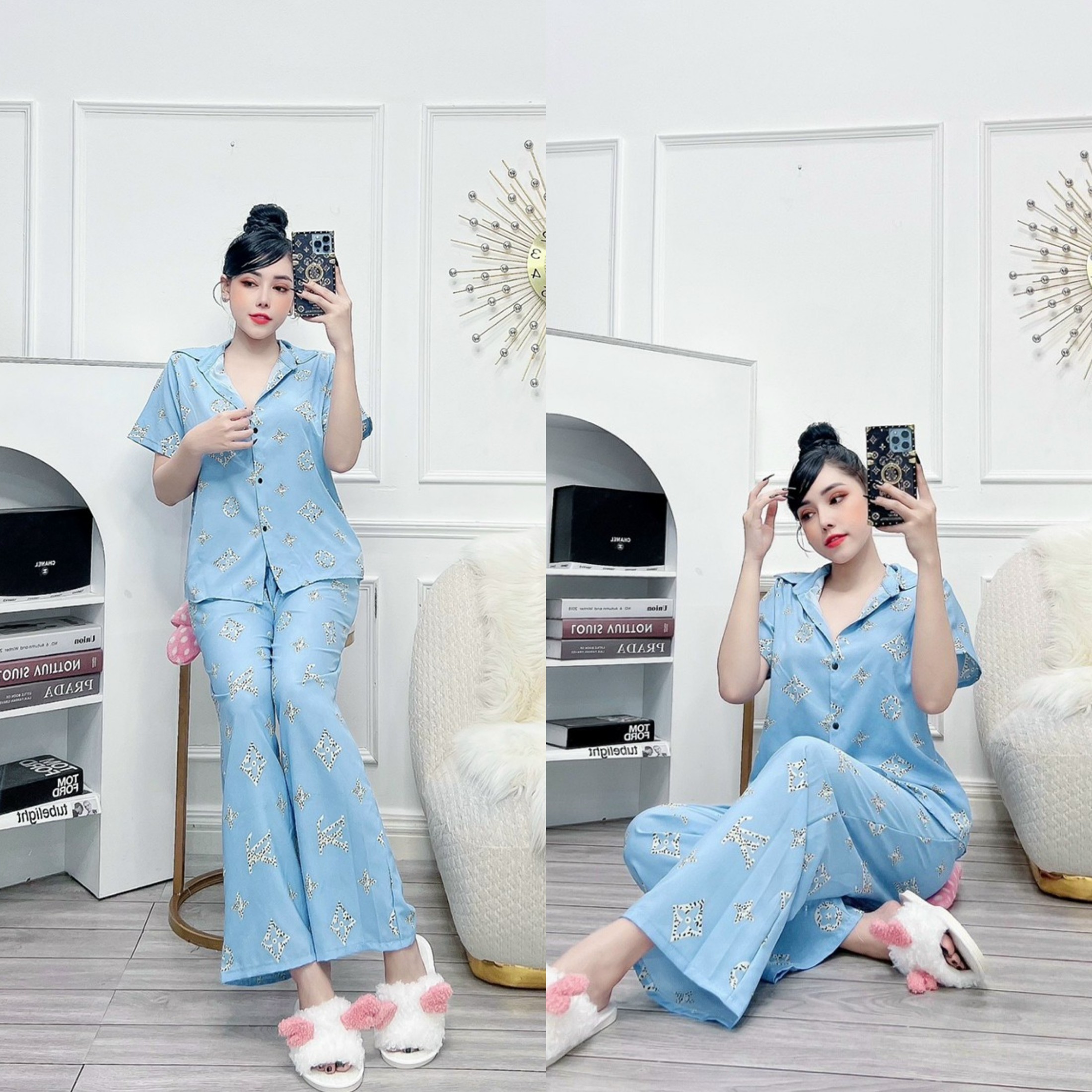 Đồ bộ pijama nữ vải lụa hàn siêu mát không nhăn Quần có túi Freesize dưới 60kg