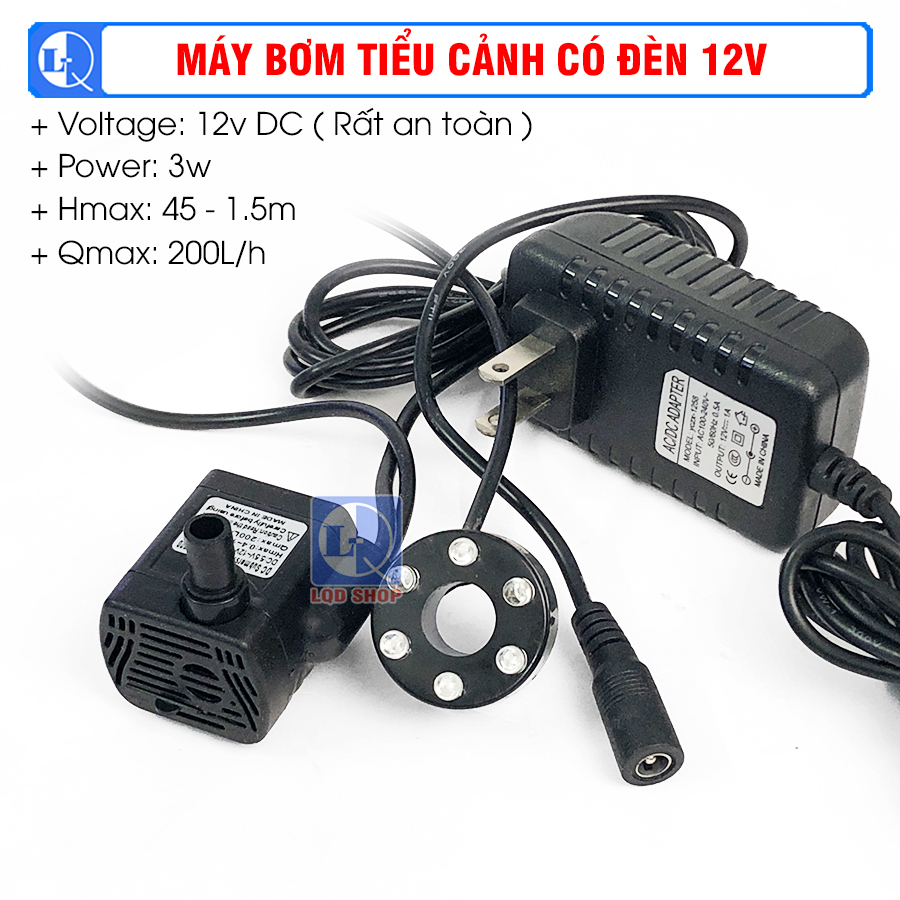 Máy bơm có đèn mini 12V | Dùng cho bể cá, tiểu cảnh thác nước phong thỷ | Rất an toàn