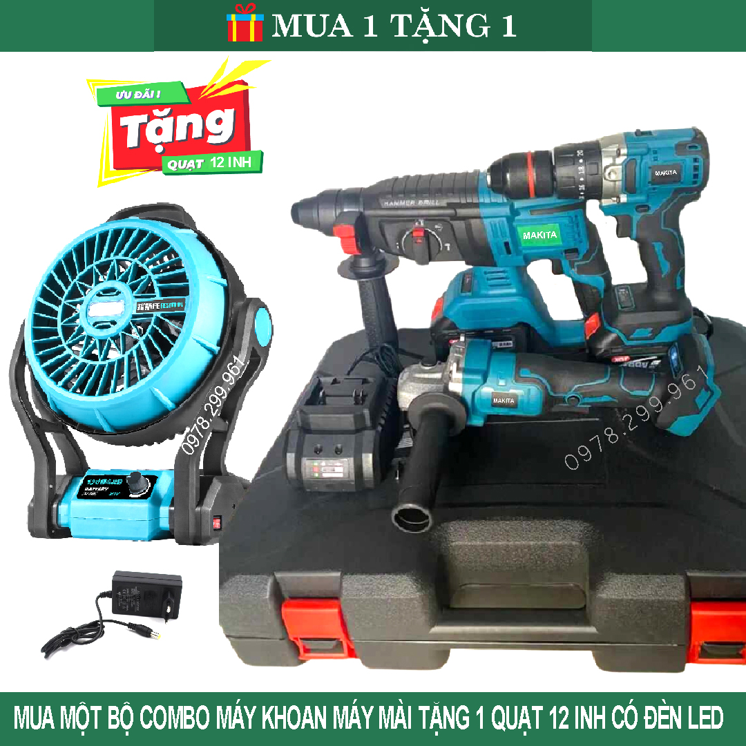 Bộ Combo 3 Máy Khoan Bê Tông Pin Máy Mài Góc Máy Khoan 13ly Từ Động Cơ Không Chổi Than Kèm 2 Pin 15cell Siêu Trâu Quạt 12inh