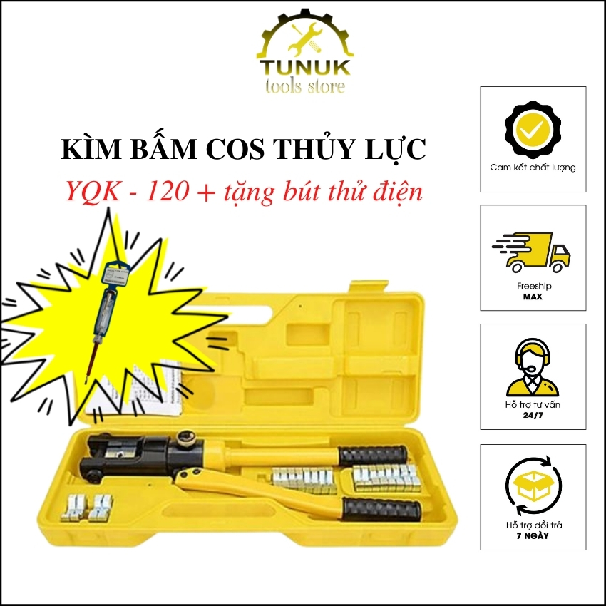 Kềm bấm ep cos thủy lực dây điện cáp đa năng TUNUK, kìm cốt YQK 120, sử dụng dễ dàng, thao tác nhanh, tiện mang theo công trường, tặng bút thử điện Philips 15k