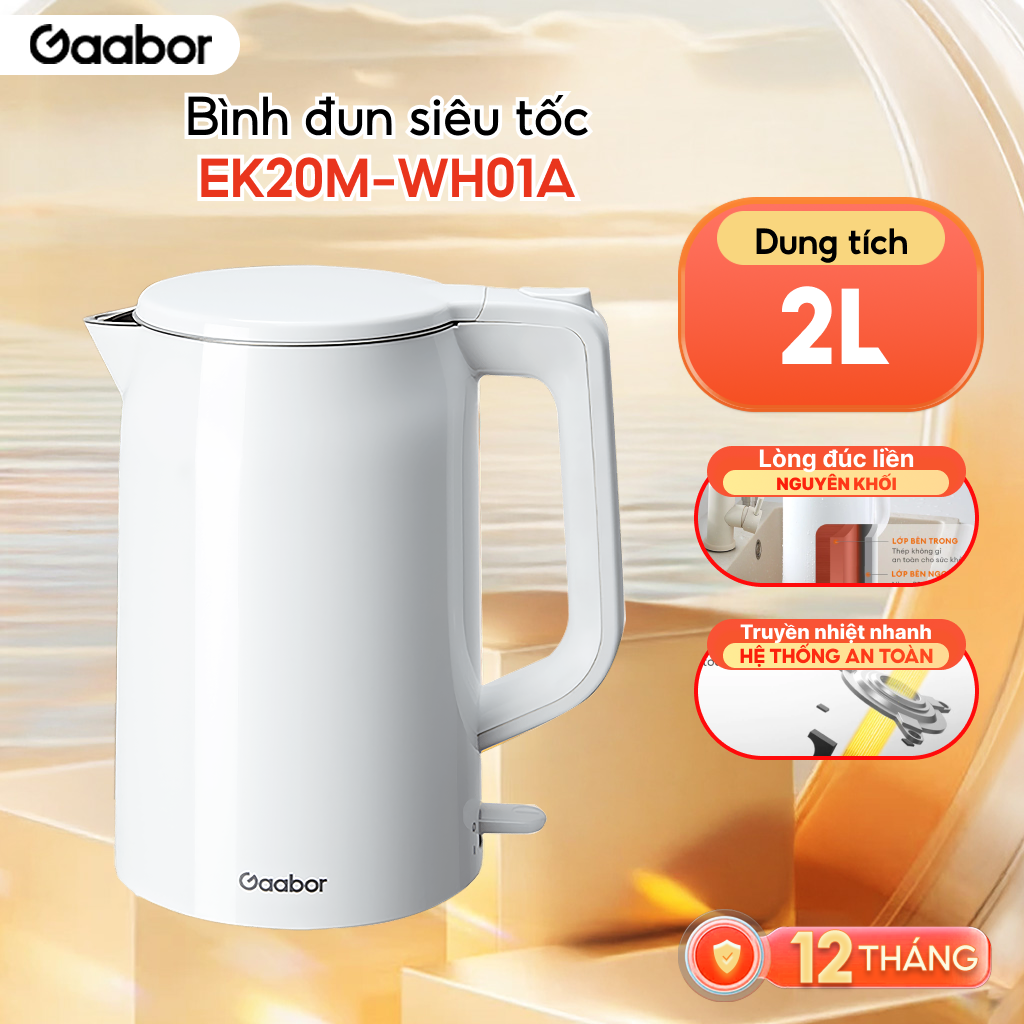 FLASH SALE Ấm đun siêu tốc 2L INOX 304 nguyên khối Gaabor EK20M-WH01A bình đun nước siêu tốc màu trắ