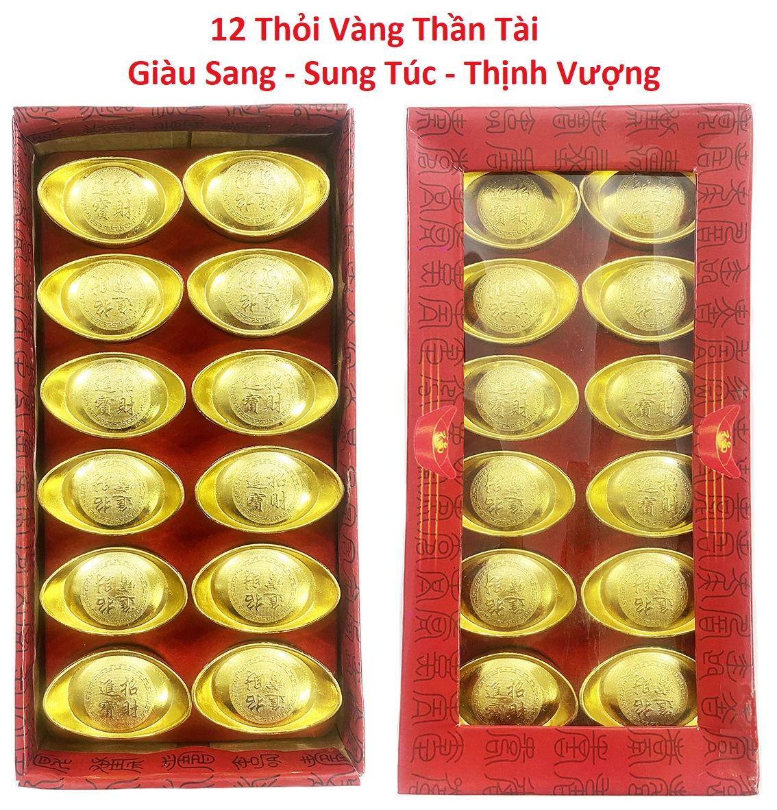 1 hộp gồm 12 Thỏi Vàng Thần Tài (1 viên TO cỡ 5.3cm) - biểu tượng của sự khởi đầu, Sung Túc, Thịnh Vượng dùng để dâng bàn Thần Tài, Lễ Tạ Cô, Lễ Tạ Cậu, Cầu Lộc May Mắn, Dâng Phủ, Đền....