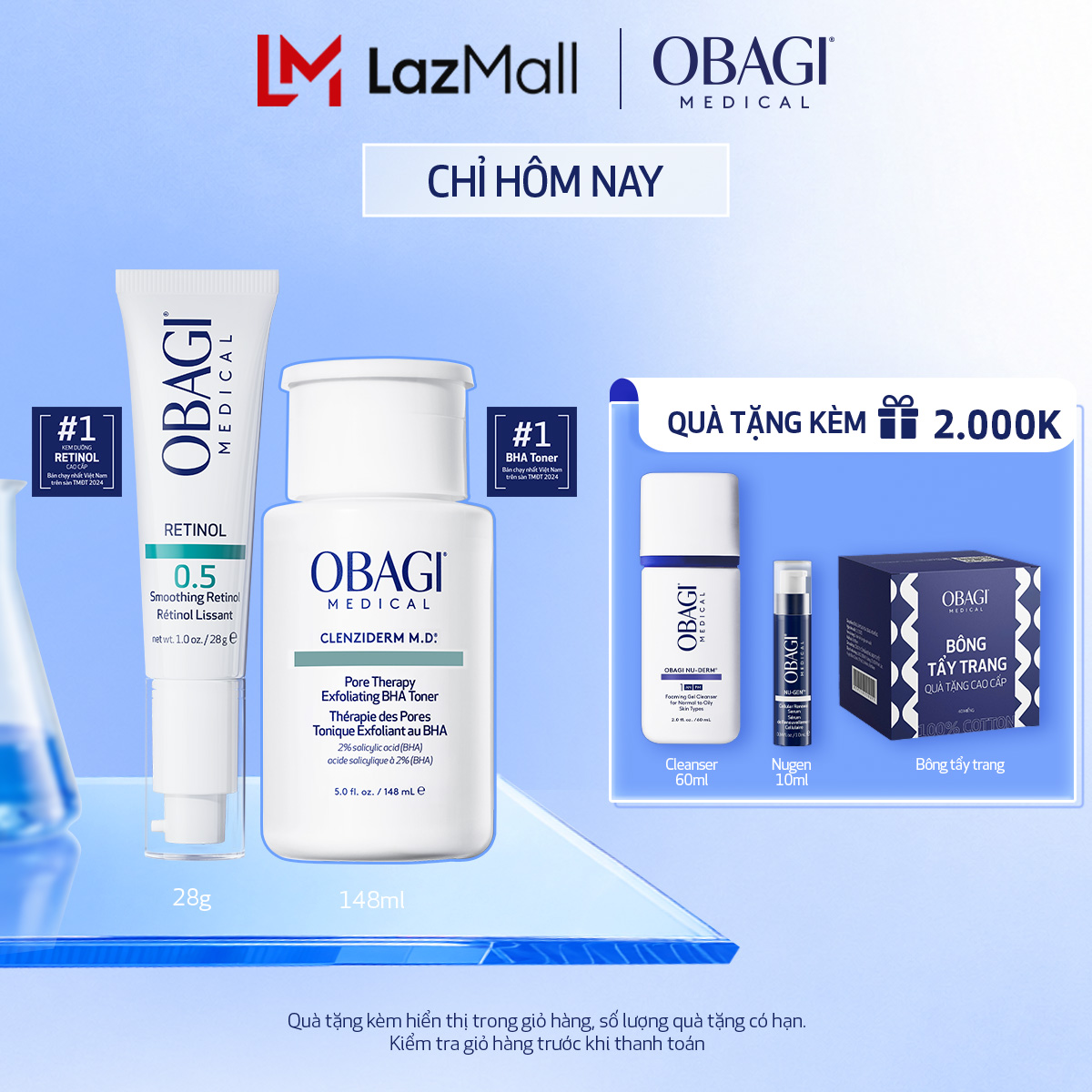 [Phiên bản mới] Bộ đôi dưỡng da Toner BHA làm sạch mụn và tẩy tế bào chết Obagi Medical Clenziderm M.D 148ml và Kem Chống Lão Hóa  Tái Tạo Da Obagi 360 Retinol 0.5 28g