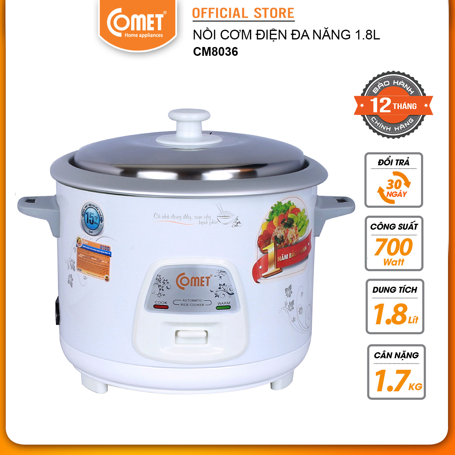 Nồi cơm điện nắp rời 1.8l comet cm8036 - hàng chính hãng - bảo hành 12 tháng