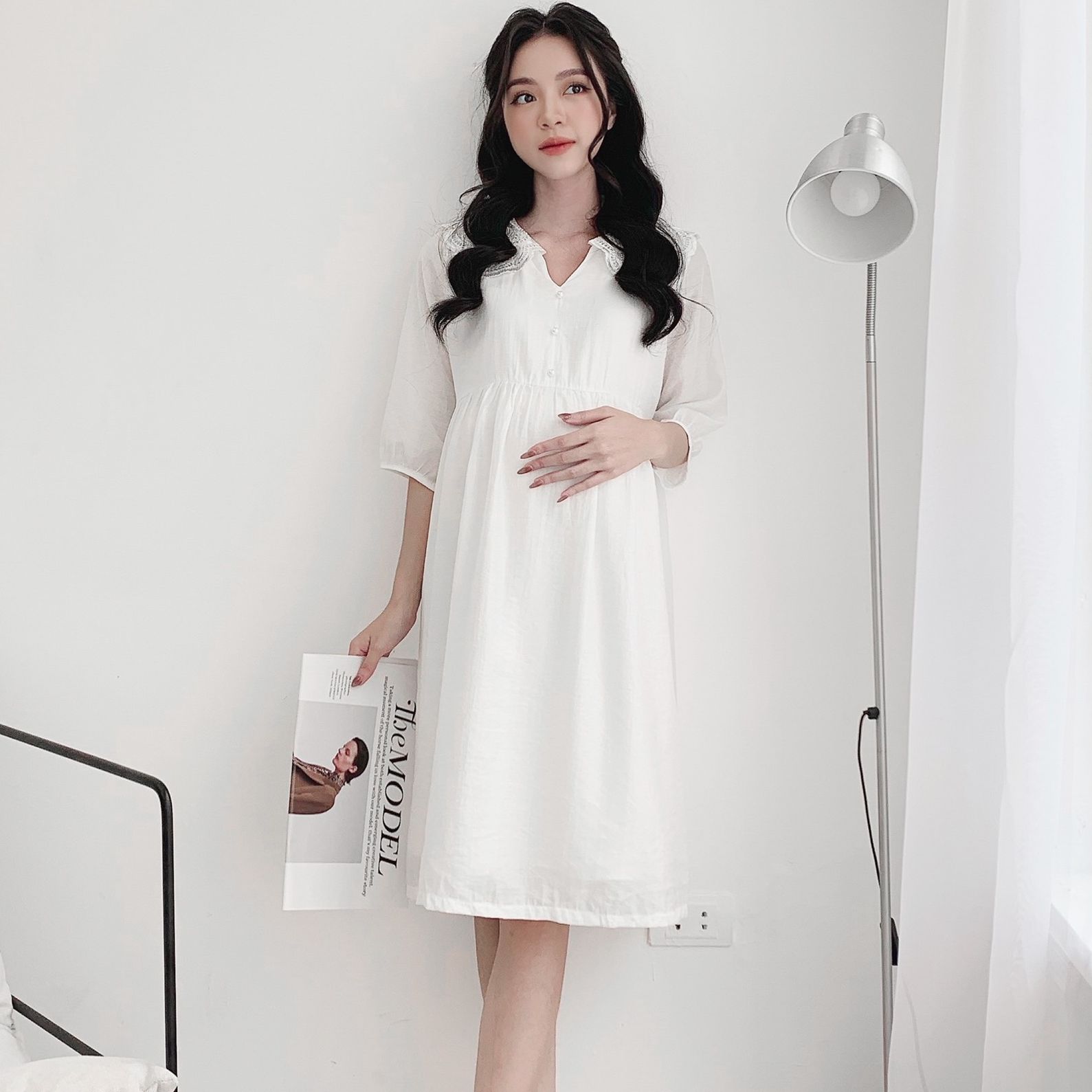 Đầm bầu dự tiệc mùa thu xinh 2 lớp tơ lót lụa cho bầu đi chơi du lịch - Váy bầu thiết kế Medyla - SP830