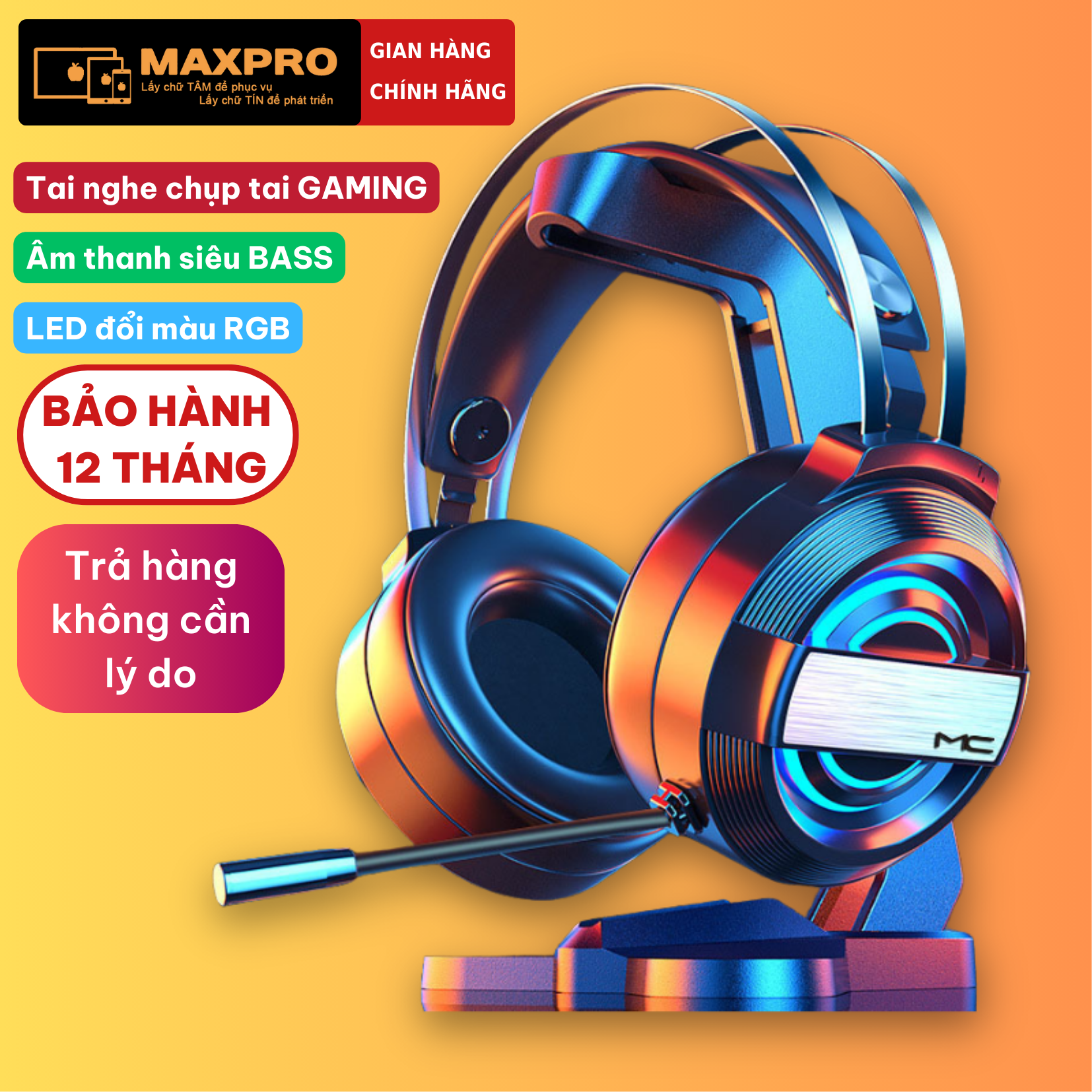  Tai nghe chụp tai GAMING chống ồn có mic đàm thoại lọc âm đèn LED đổi màu headphone chơi game trên laptop pc 