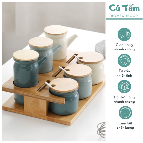 Hũ sứ đựng gia vị, hũ gia vị kèm kệ để gia vị bằng sứ tráng men cao cấp - cutam.homedecor