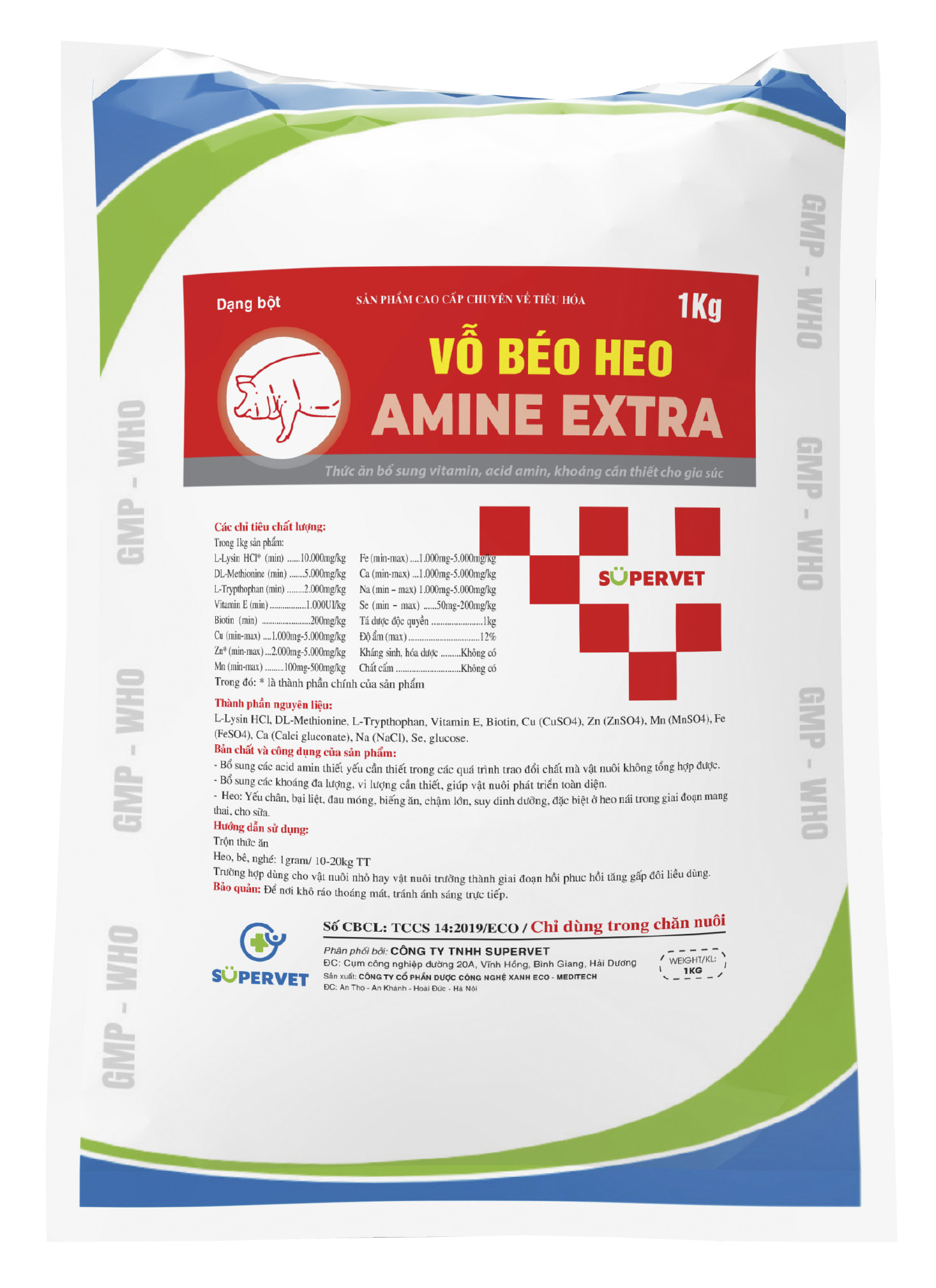 VỖ BÉO HEO - AMINE EXTRA ( Chính Hãng SUPERVET ).Thức Ăn Bổ Sung Vitamin, acid amin, Khoáng Chất Cần Thiết Giúp Heo Mau Ăn Chóng Lón, Lãi Cao.