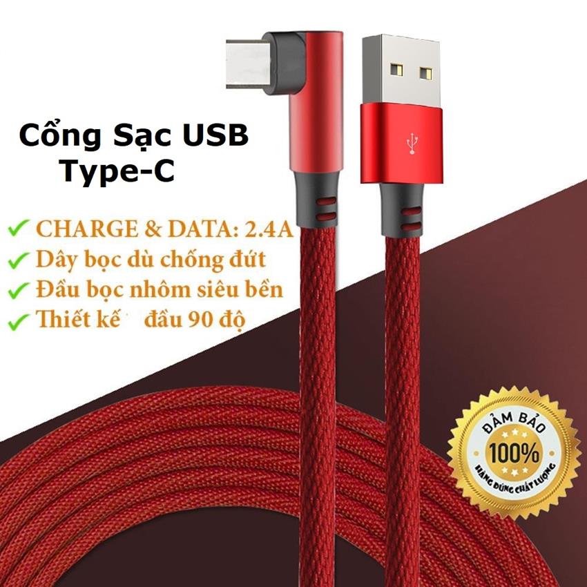 Dây Cáp Sạc Type-C - Bọc Vải Dù Chống Đứt, Chống Rối, SẠC NHANH QUICK CHARGE 2.0, Đầu Cáp 90 Độ Thuận Tiện - Cáp Sạc typec anker, Cáp Sạc USB Type Sam.sung - LOẠI TỐT - BABGGOOD