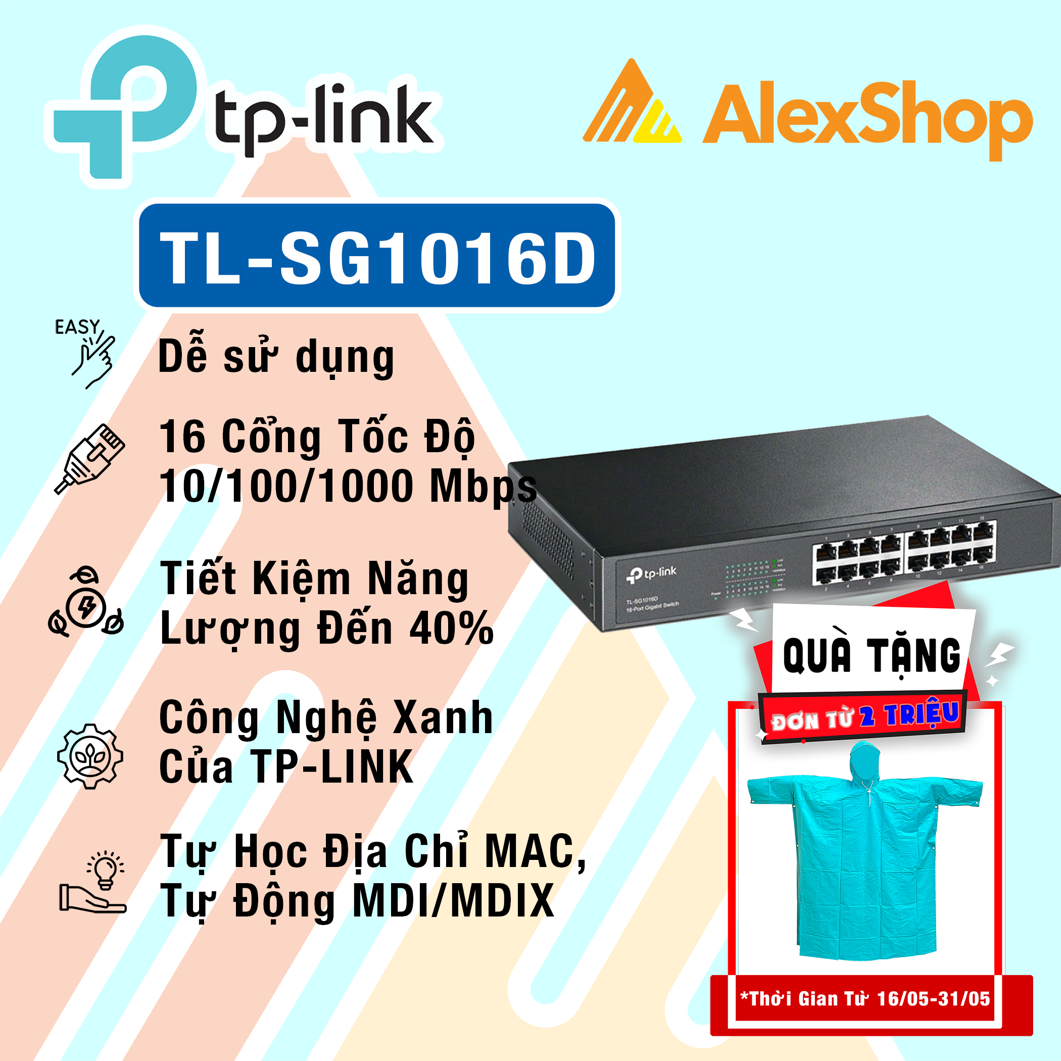 Bộ chia mạng vỏ thép tp-link sg1016d switch 16 cổng gigabit