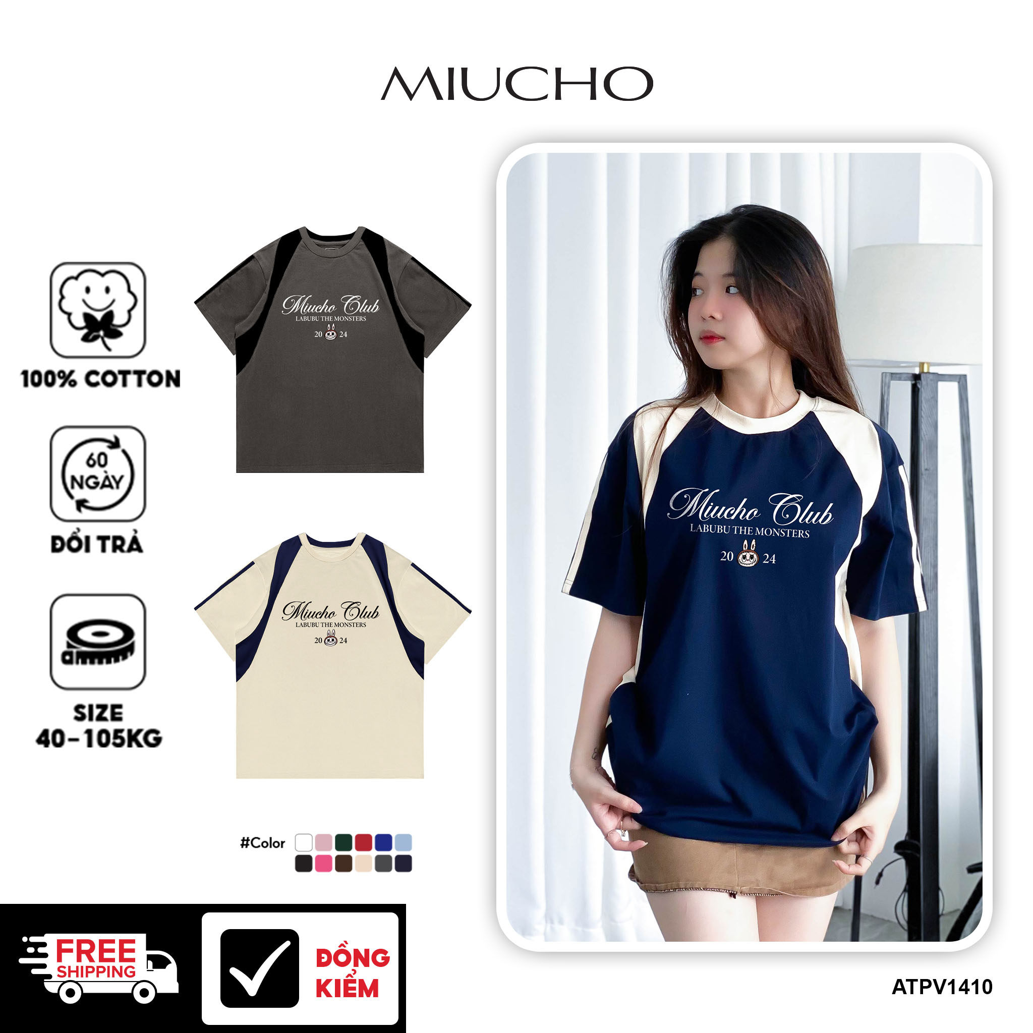  Áo thun labubu phối viền form rộng ATPV1410 Miucho vải cotton cổ tròn in mix 