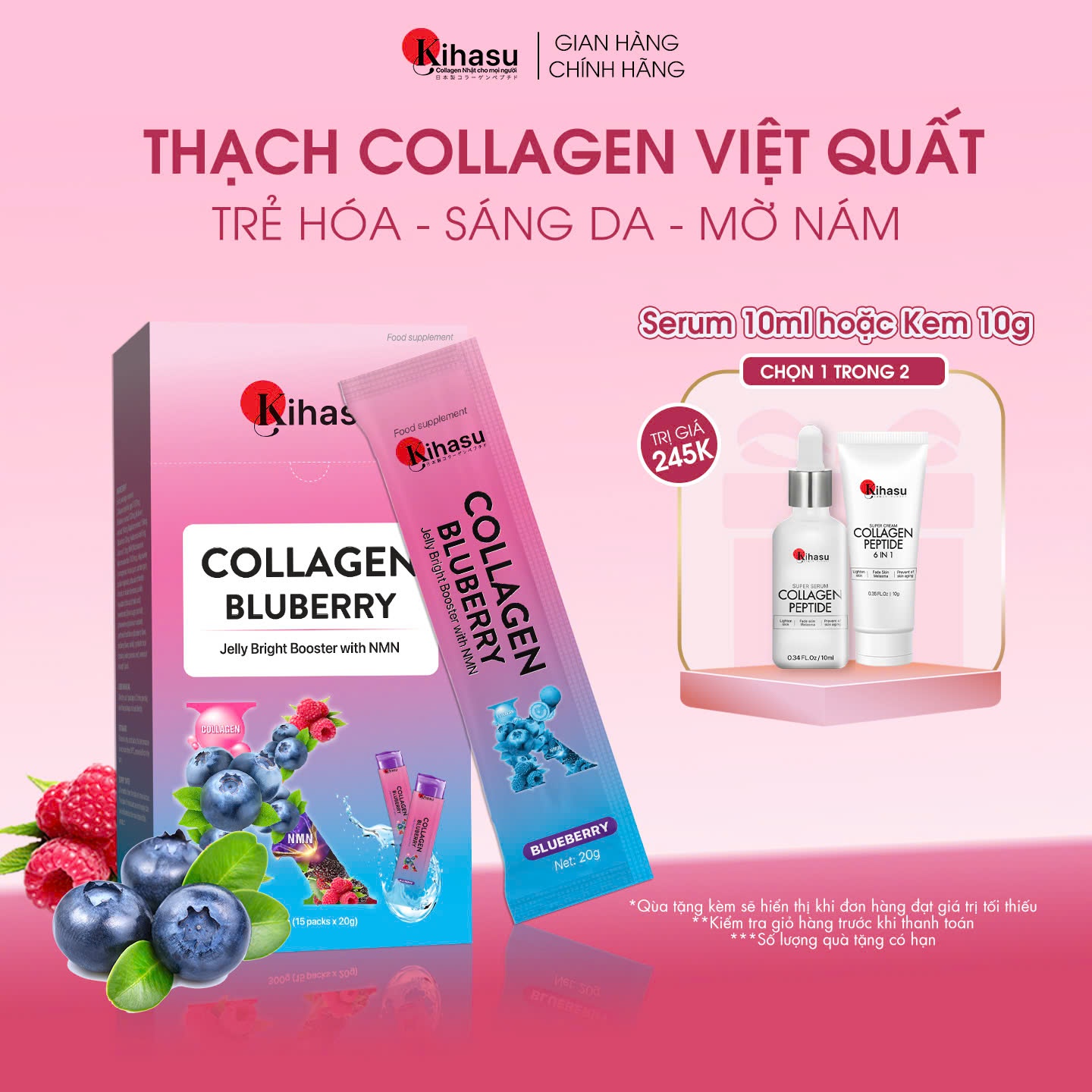 Thạch Collagen Việt Quất KIHASU Tăng Cường NMN Dưỡng Sáng Da, Cải Thiện Nếp Nhăn, Làm Mờ Thâm, Tàn Nhang