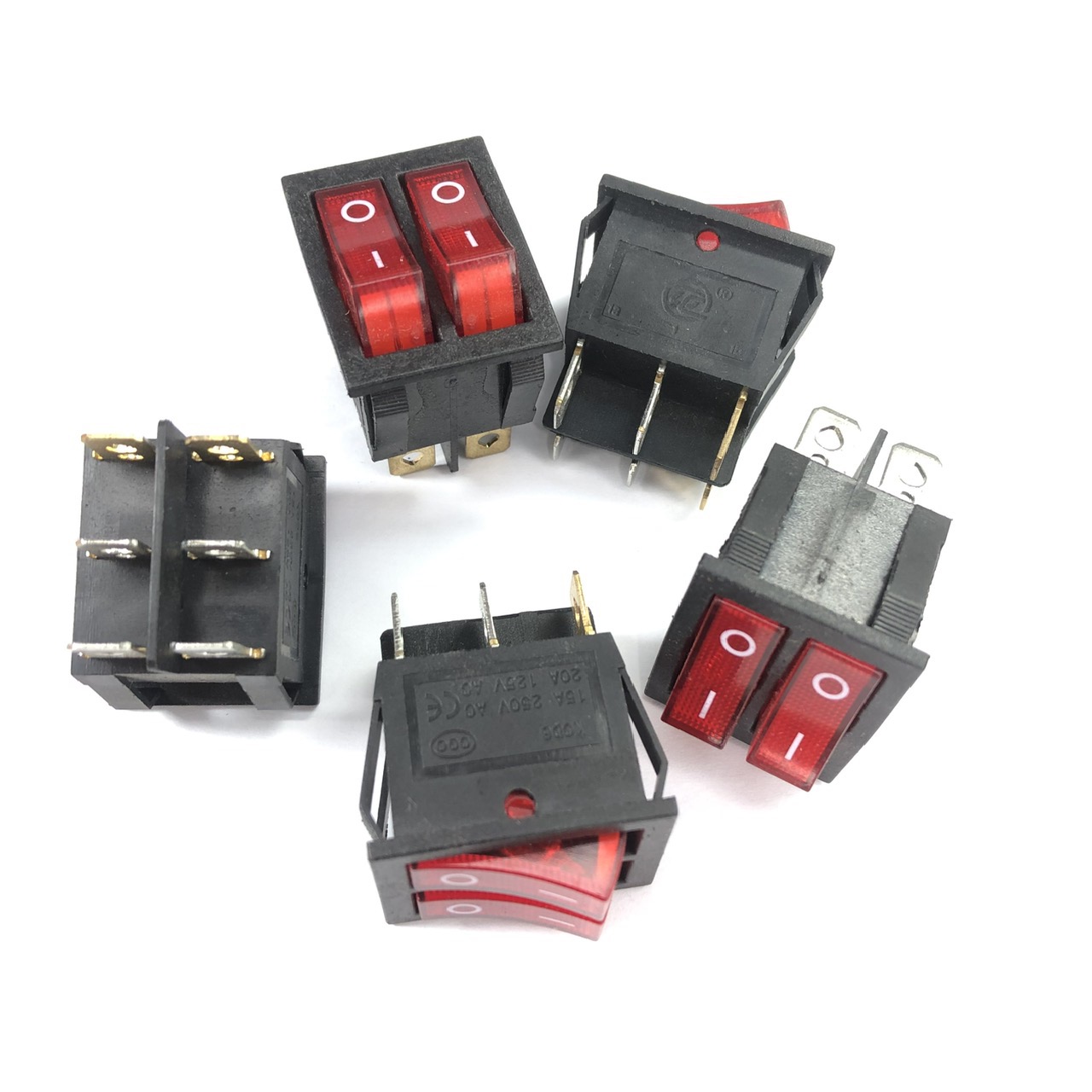 Công tắc bập bênh đôi 6 chân có đèn 31x25mm, công tắc on/off 16a/250vac, 20a/125vac