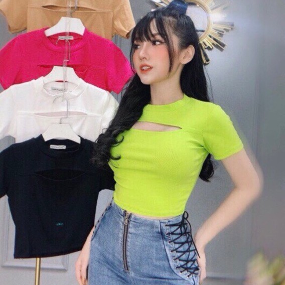Áo croptop nữ thun kiểu khoét ngực form croptop tay ngắn Free Size dưới 55kg