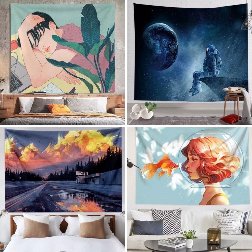 [ Tặng đèn + móc treo] Thảm treo tường decor phòng ngủ, vải treo tường vintage, tranh vải treo tường, trang trí phòng ngủ size 150x130 cm