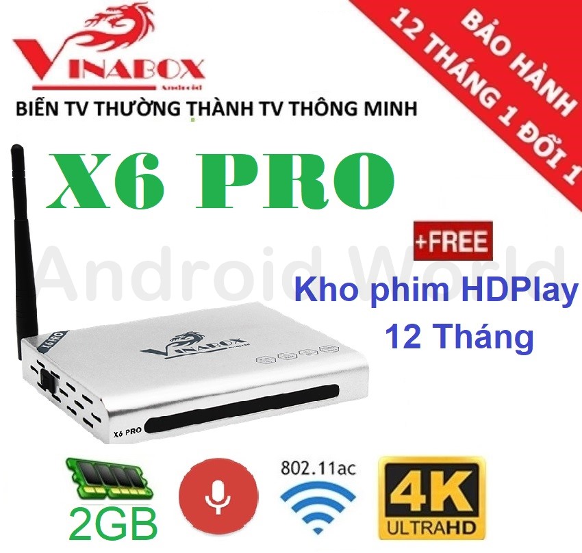 Android tivi box vinabox x6 pro 2020 - ram 2g, android 7.1, hỗ trợ voice search tặng kho phim hdplay 12 tháng