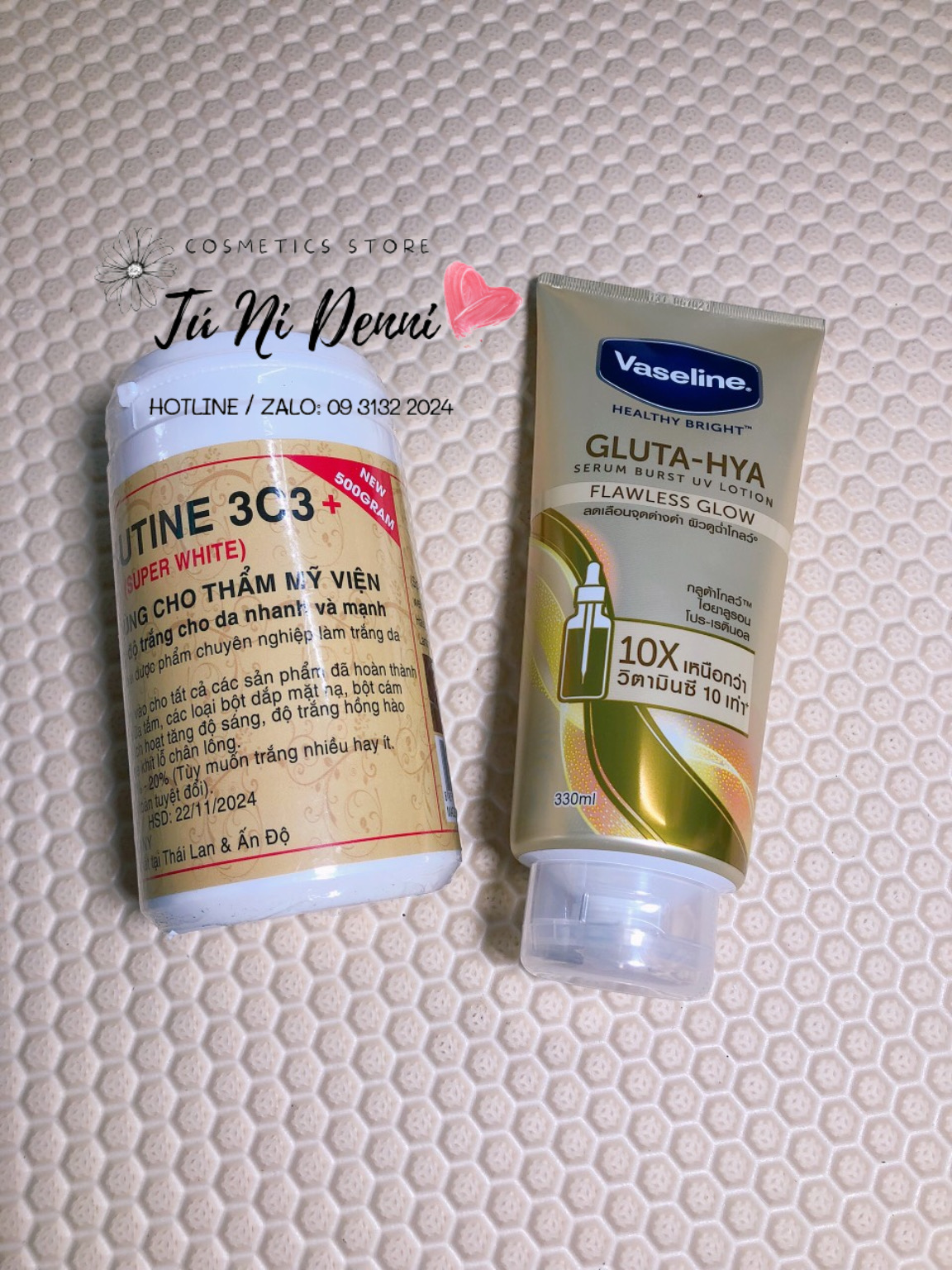 Combo kem kích trắng abutine 3c3 500gr và vaseline gluta-hya ban ngày